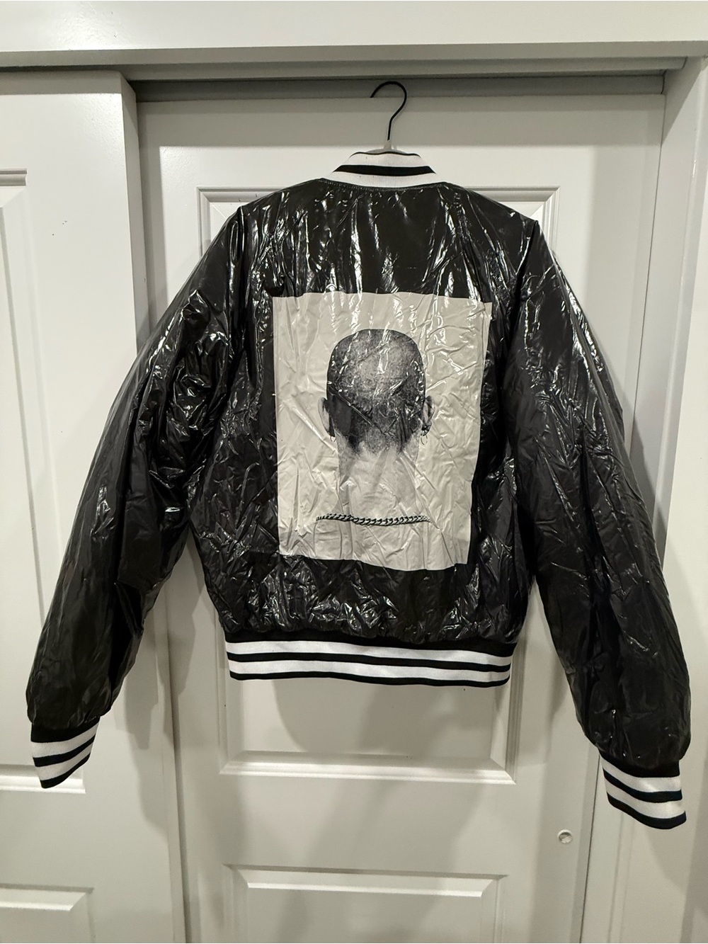 ZARA Glossy Shiny Black Bomber Varsity Jacket Graphic Back Print Size S